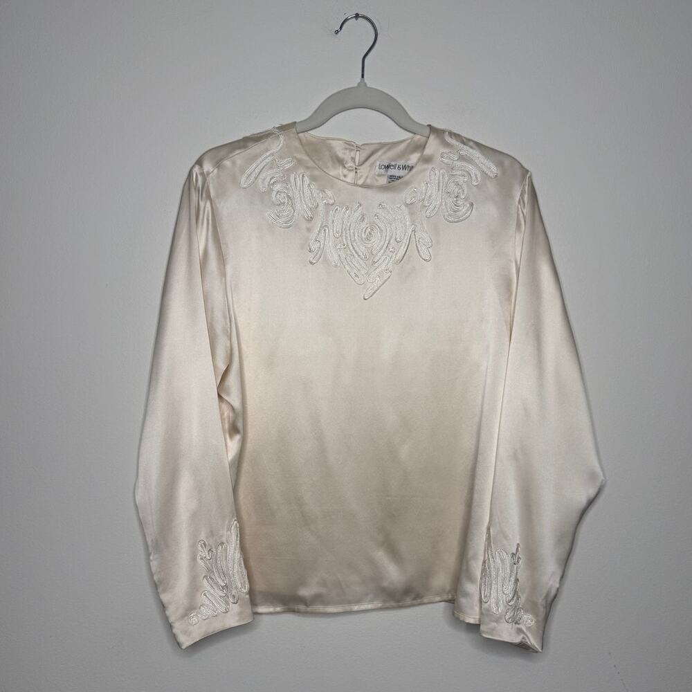 Vintage Silk Blouse Cream Embroidered Minimalist Old Money Office Western - Picture 2 of 8